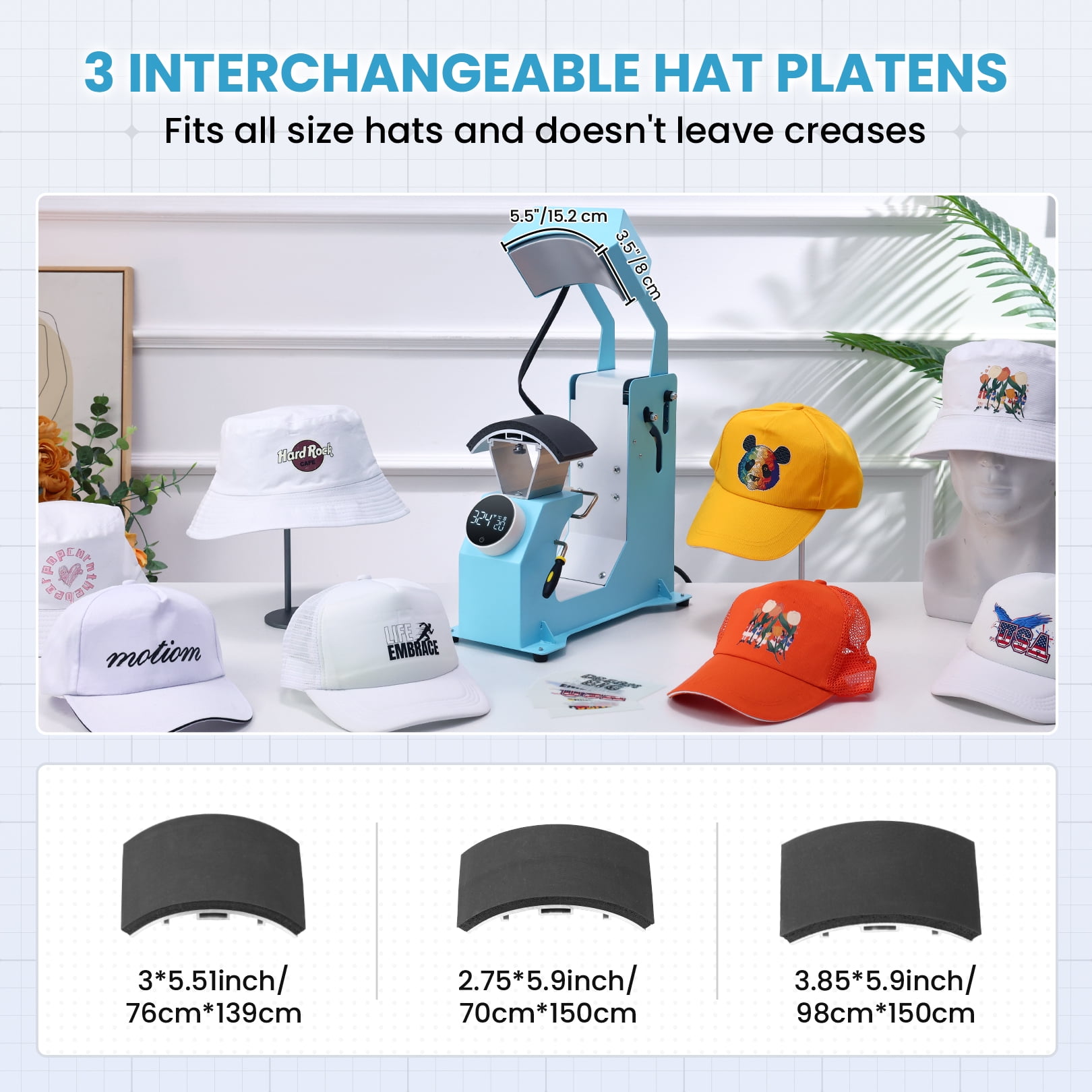 Adnoom 3-in-1 Hat Heat Press, Auto Cap Heat Press Machine with 3 Platens, Blue