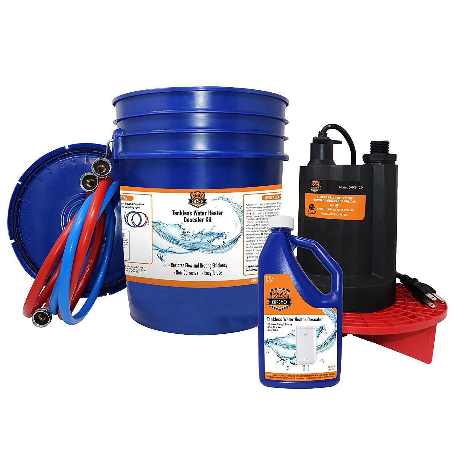 Optimized Item Name  Chromex Tankless Water Heater Descaler Flush Kit with 128 fl oz Solution, 1/6 HP Pump, 5 Gallon Bucket