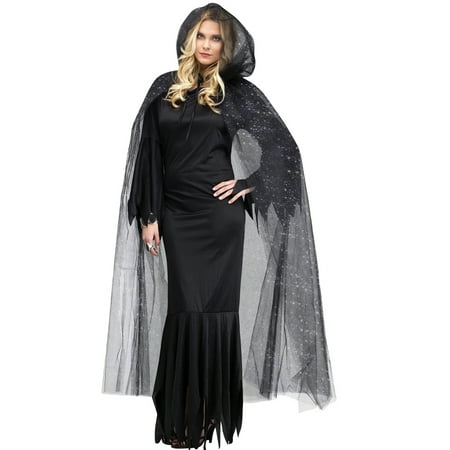 Adult Womens Black Sprinkle Gothic Cape Vampire Witch Queen Glitter Cloak