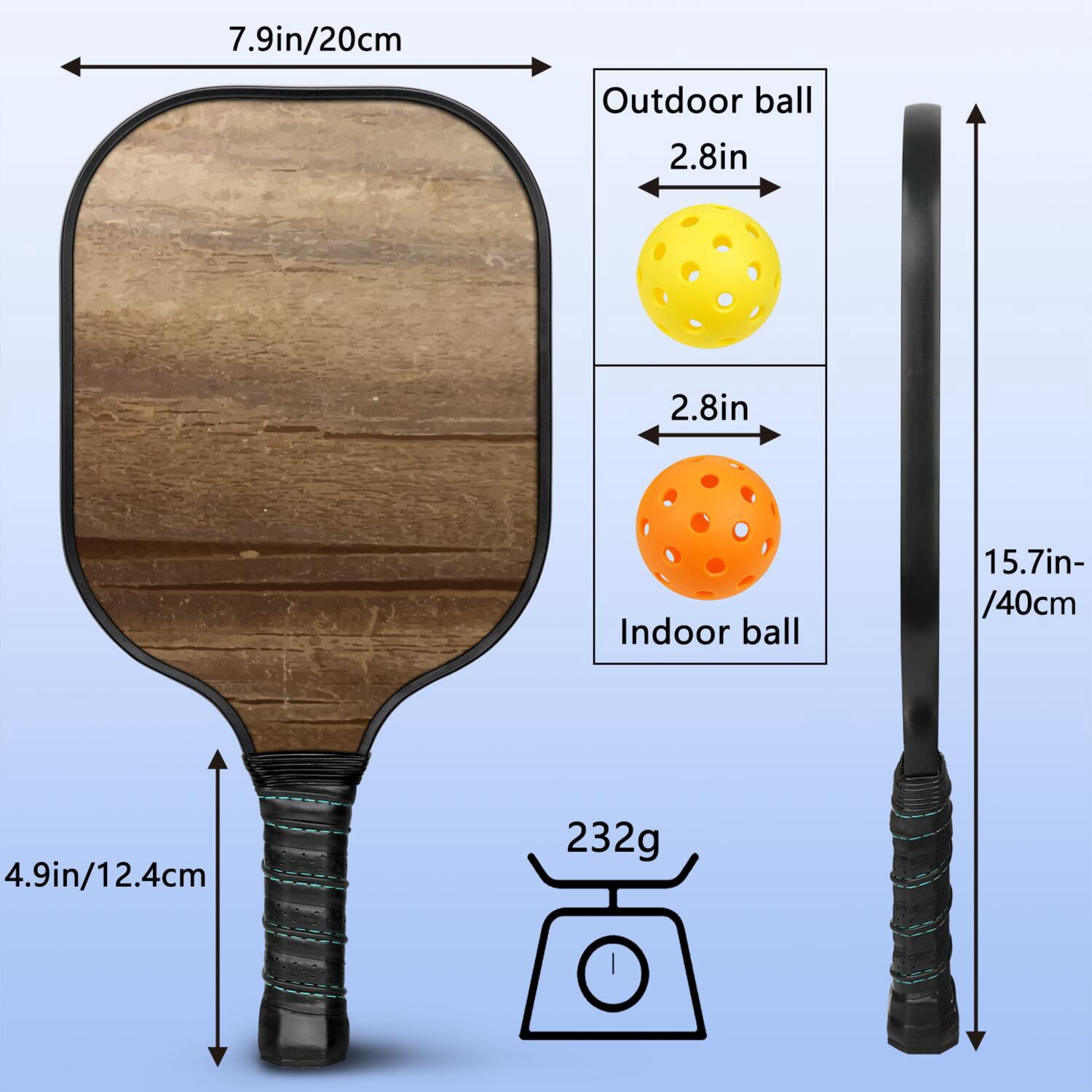 Pickleball Paddles Set Of 2, Fiberglass Surface, Wood Grain Print, 4 Balls & Bag