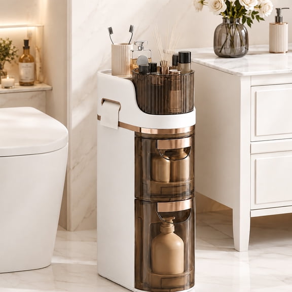 2-Tier Slim Bathroom Storage Cabinet with Wheels, Skinny Bathroom Storage Cabinet with Drawers, Toilet Paper Holder, Movable Narrow Floor Cabinet for Small Space, Bathroom