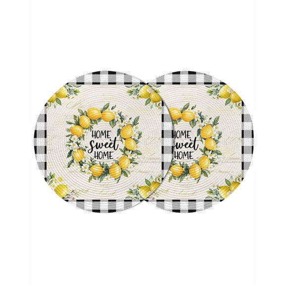 Summer Lemon Round 13 Inch Placemats Set of 2, Yellow Botanical Checkered Farmhouse Buffalo HeatResistant Non Slip Place Mats for Dining Table, Wipeable Braided Kitchen Table Mats for Housewarming