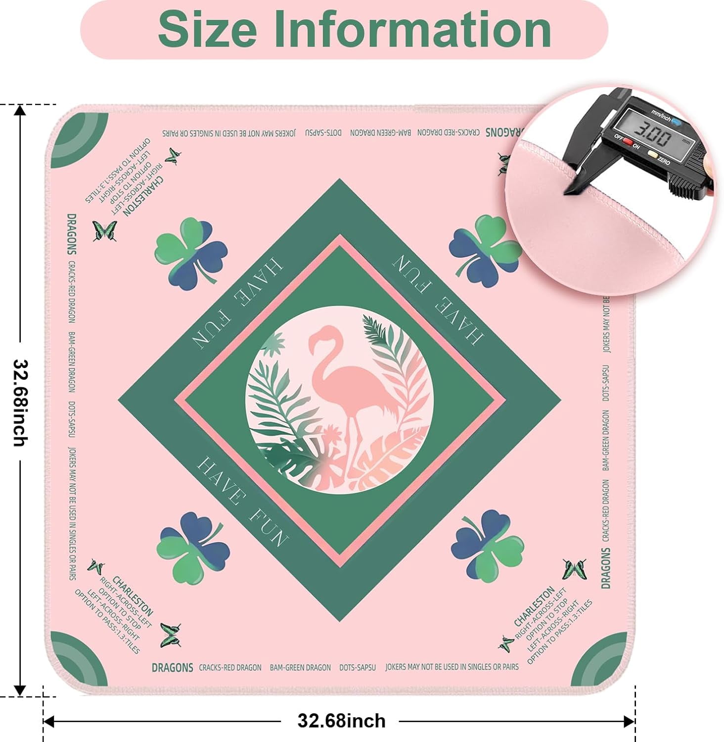 Mahjong Mat Non-Slip 31.5x31.5 Inch | Noise Reduction Game Table Mat with Carrying Bag - for Mahjong, Board Games, Dominoes, Poker Cards, Tabletop Gaming（Pink/Flamingo）
