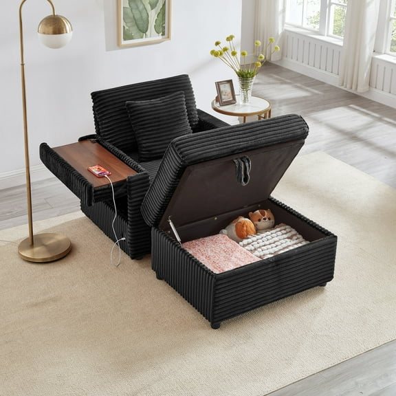 Oversized Chaise Lounge Chair Indoor with USB and Cup Holder, 56.5" Sleeper Sofa Bed with Table Board and Storage Ottoman, Corduroy Upholstered Reading Chair for Bedroom, Black