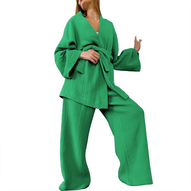 Heiheiup Dresses For Women 2024 Ladies' Spring And Autumn Solid Color Fashion Long Sleeve Slacks Crepe Ladies' Solid Color Nightgown Home Clothes