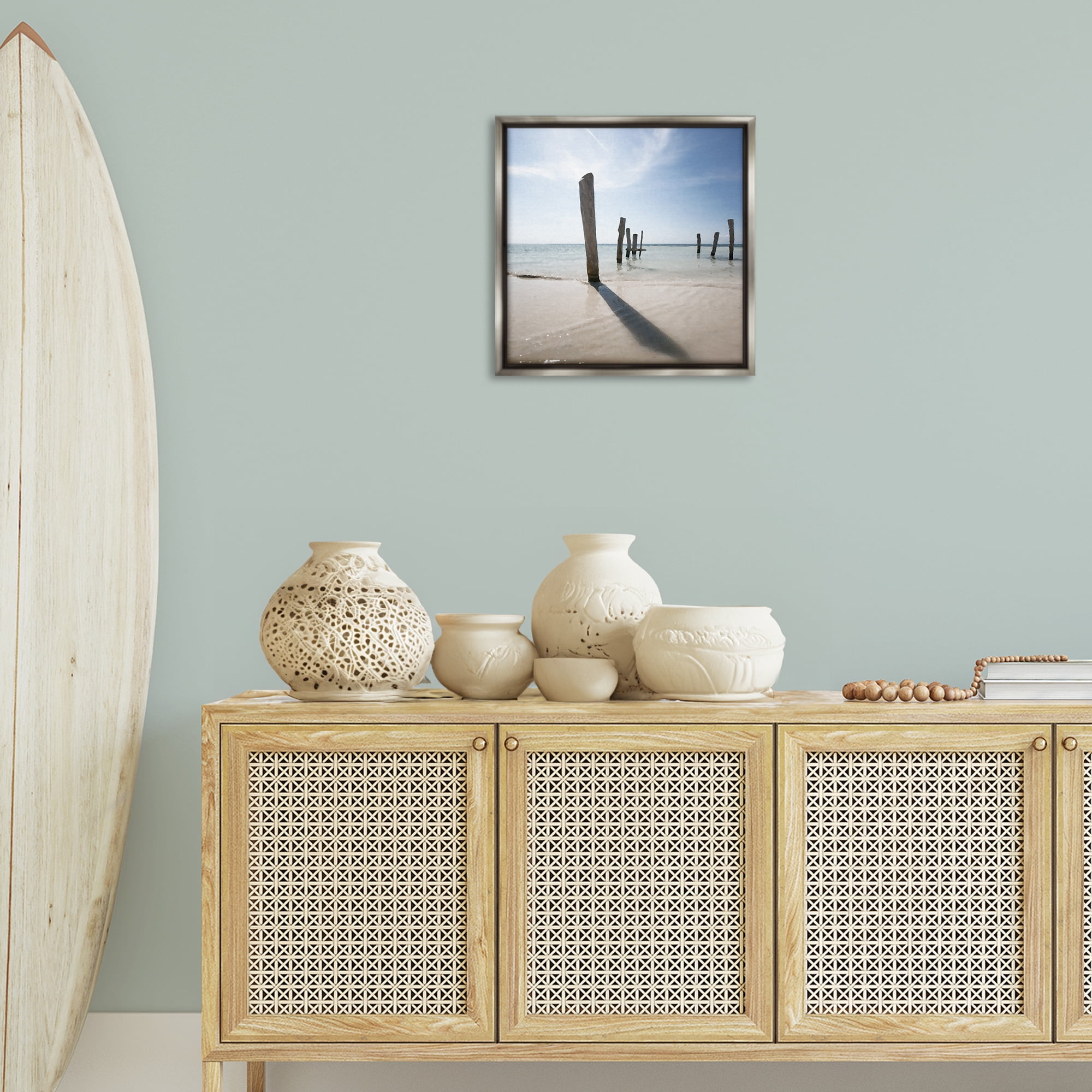 Stupell Industries Eight Beach Posts Coastal Photography Gray Floater Framed Canvas Art Print Wall Art, 18 x 18