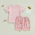 thumbnail image 4 of Musuos Toddler Girls Summer 2-Piece Outfit 6 12 18 24M 3 4T Solid Color Short Sleeve Crew Neck T-Shirt and Elastic Floral Shorts Set, 4 of 10