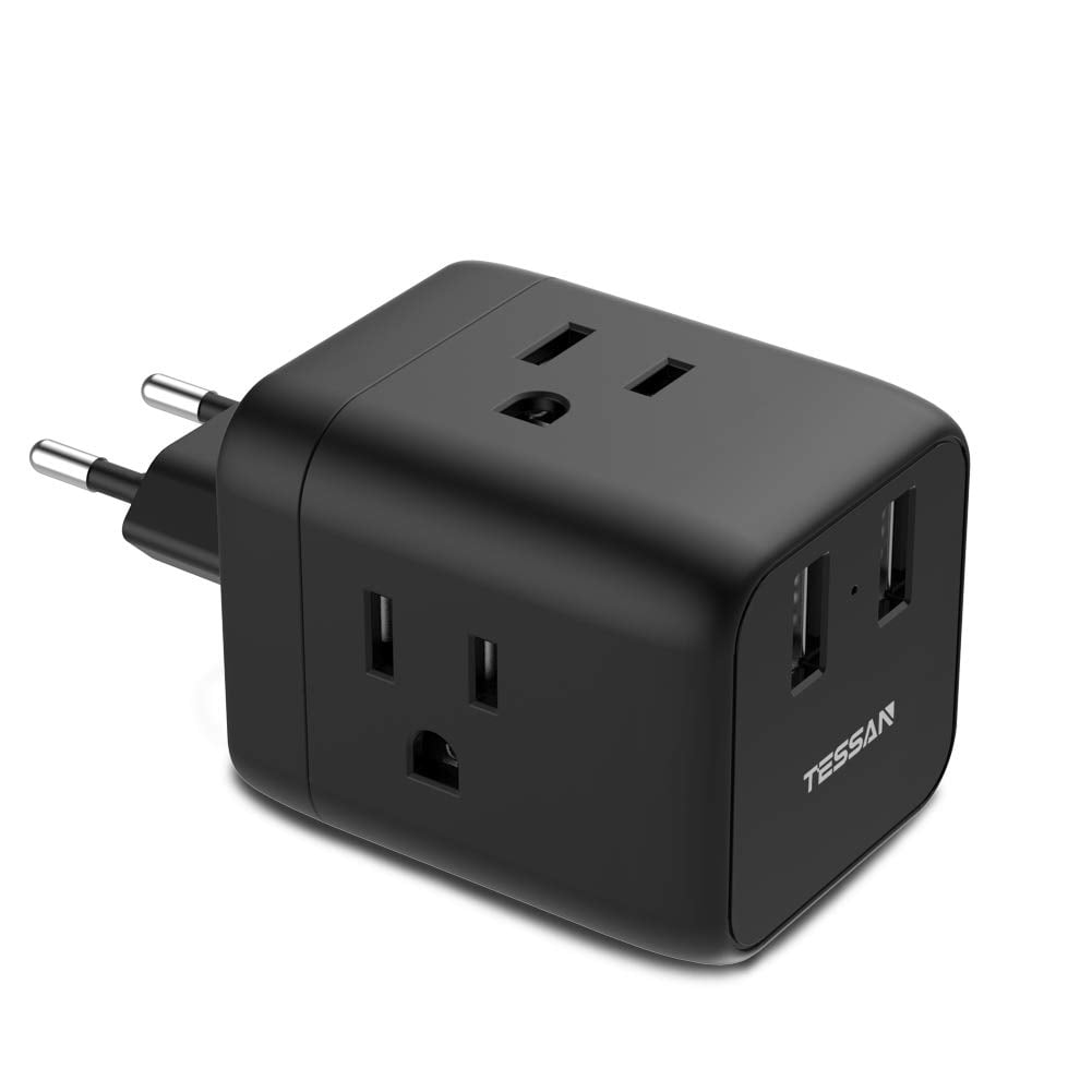 TESSAN USA to Most of Europe Travel Plug Adapter with 1 AC Outlet & 2 USB Ports 