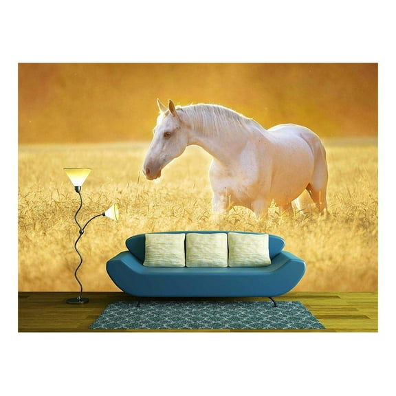 wall26 - White Orlov Trotter Horse in Rye, Golden Sunset - Removable Wall Mural | Self-Adhesive Large Wallpaper - 100x144 inches