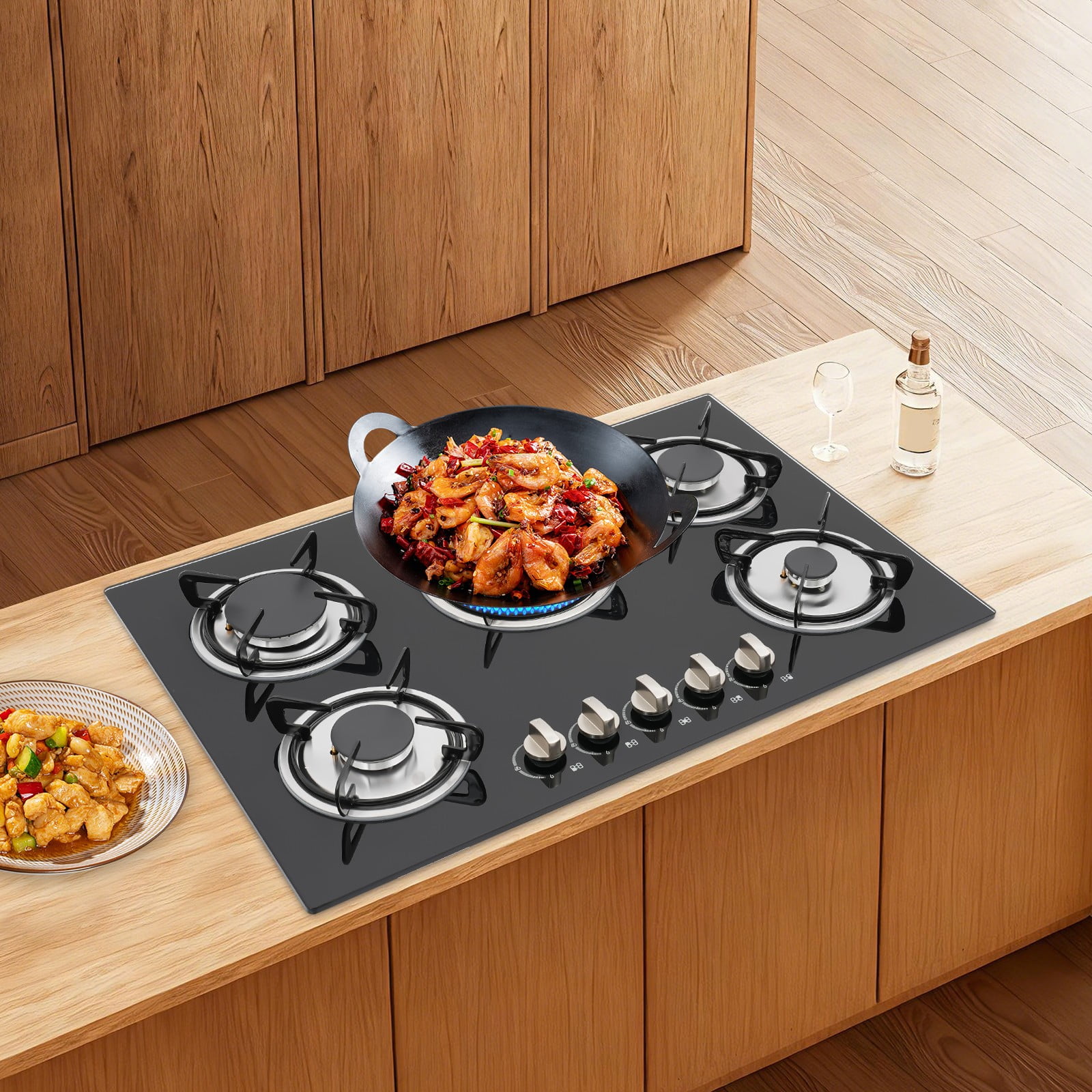 30" Stove Top Gas Cooktop Burner Kitchen Cooking LPG /Propane with 5 Burners 77*51*7cm for Domestic Or Commercial Use