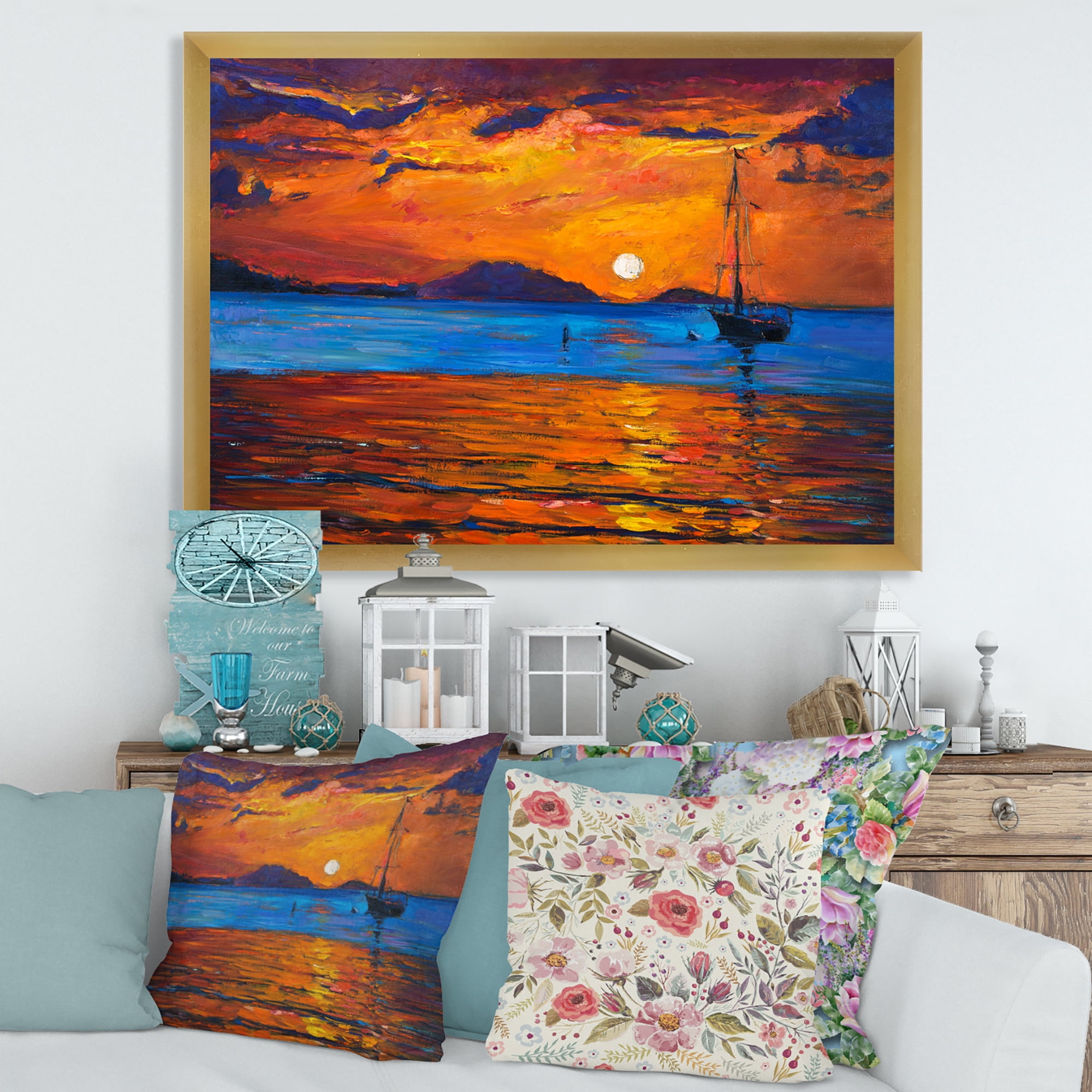 Boat At The Lake During Evening Glow IX 20 in x 12 in Framed Painting Canvas Art Print, by Designart