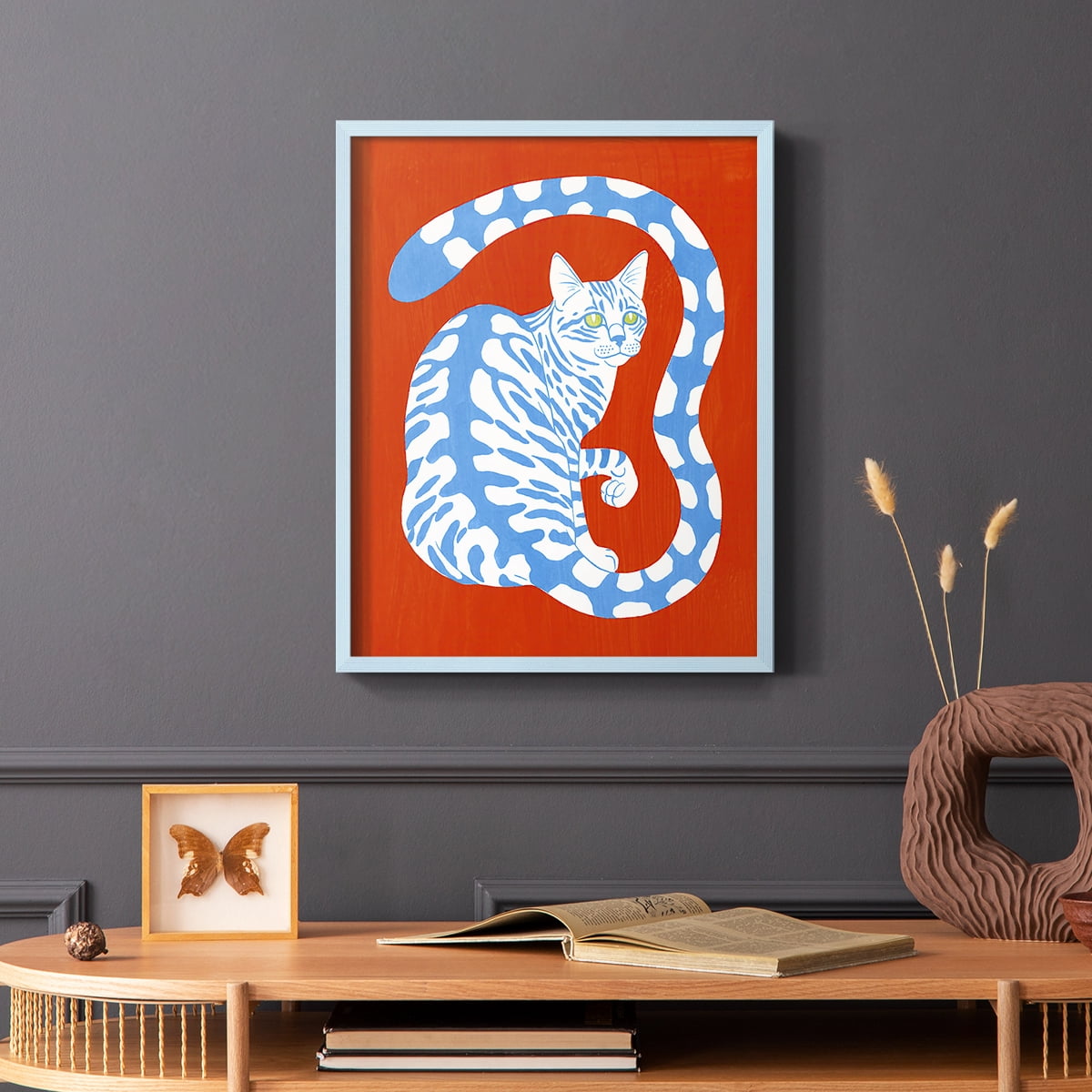 Complementary House Cat I Framed Print in Blue Solid Wood Framed Print No Nail Hanging