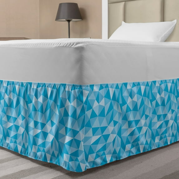 Polygons Bed Skirt, Repeating Geometric Mosaic Design Pattern with Monochrome Triangles, Elastic Bedskirt Dust Ruffle Wrap Around for Bedding Decor, 4 Sizes, Sky Blue and Pale Blue, by Ambesonne
