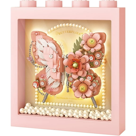 Butterfly Picture Frame Building Blocks Set,Creative Flowers Building Set with Exquisite Frame,Fantasy Building Bricks Toys,Home Decor (Pink)