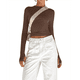 thumbnail image 3 of Camiseta Corta Ajustada para Mujer para Salir, Informal, de Color Liso, con Cuello Redondo y Larga Color Café M, 3 of 8