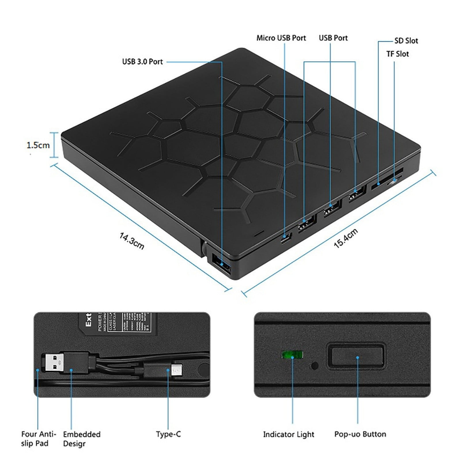 7 Port External Disc Drive USB3.0 Type C Disc Player Burning Compatibles Laptop Desktop Multiple Systems