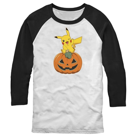 Men's Pokemon Halloween Jack-O'-Lantern Pikachu Baseball Graphic Tee White/Black Small