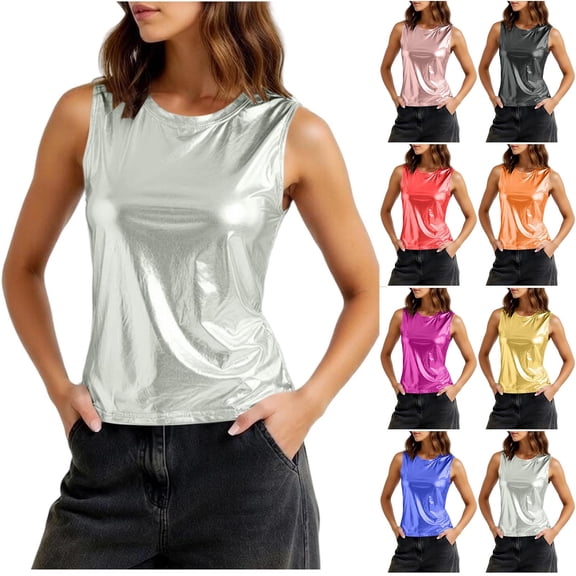 Asxite Tank Tops for Women Sleeveless Solid Color Stretchy Shiny Ice Silk Round Neck Casual Blouse