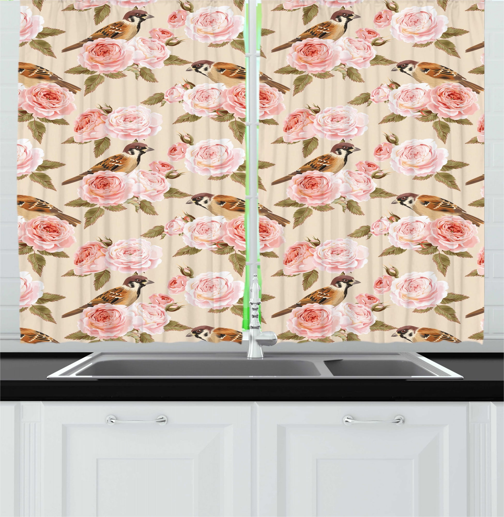 Floral Kitchen Curtains, Victorian Style Image of Rose Flowers with ...