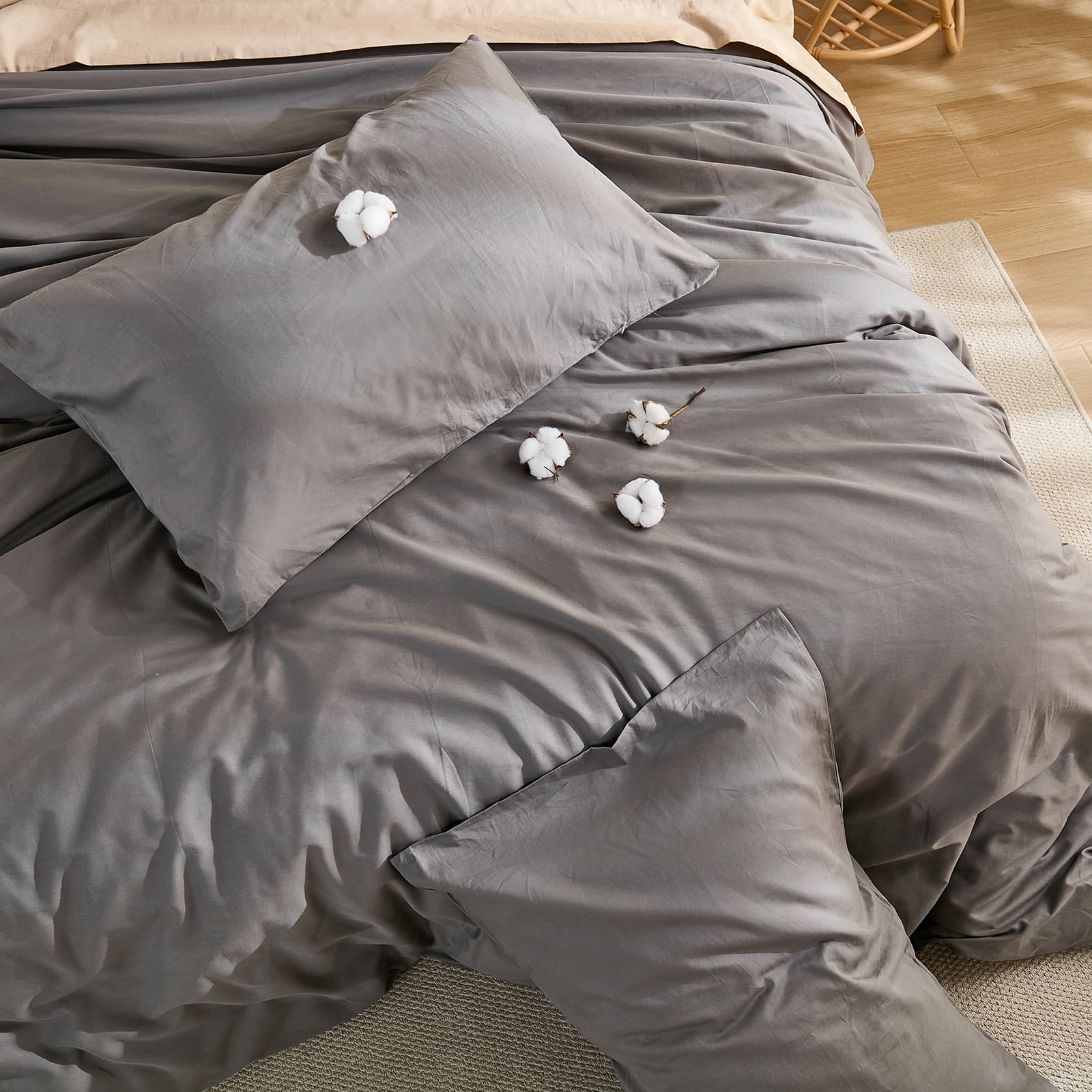 100% Cotton Comforter Set – Dark Grey, Linen-Like Texture, Super Soft & Breathable Lightweight Bedding Set, 3-Piece Durable Percale Comforter for All Seasons