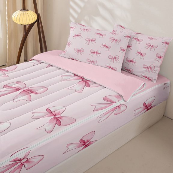 Homewish Pink Watercolor Bowknot Zipper Full Size Comforter Sets with Fitted Sheet and 2 Pillowcases for Girls, Kawaii Princess Bow Zipper Bedding Set, Pink Reversible, 4 Pieces