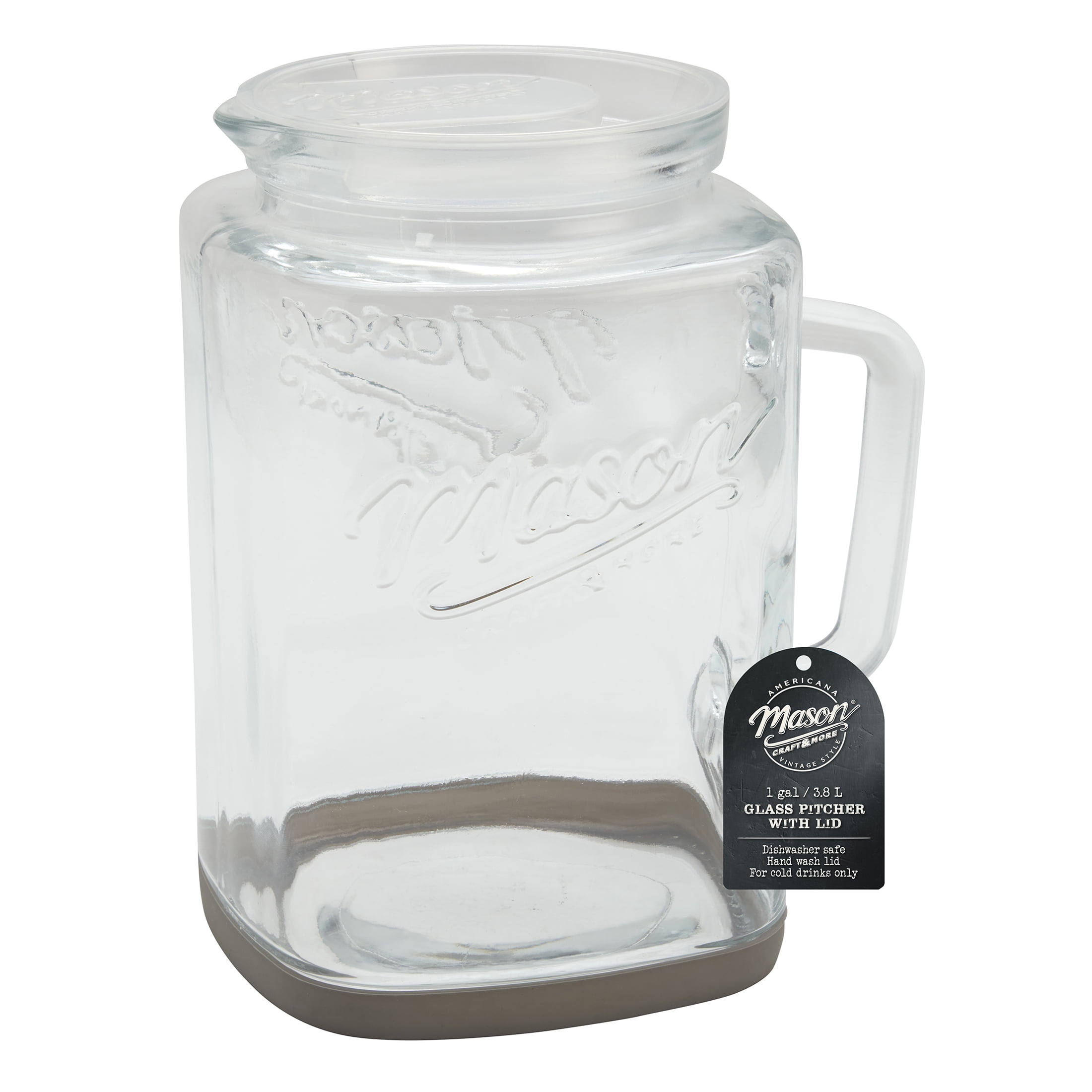 (2 pack) Mason Craft & More Glass 1 Gallon Pitcher with Removable Plastic Lid and Silicone Base, Gray, Well Suited to Cold Drink Preparation