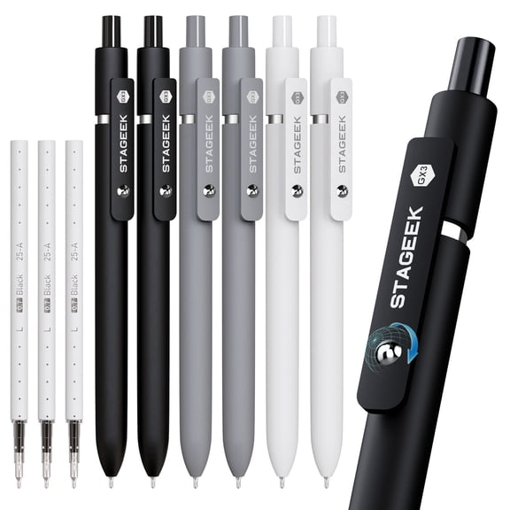 STAGEEK Black Gel Pens GX3, 6Pcs Fine Point Smooth Writing Pens with 3 Extra Refills, Black Ink Pens for Journaling, Writing, Office, Note Taking, Nurse Aesthetic(Black Gray White)
