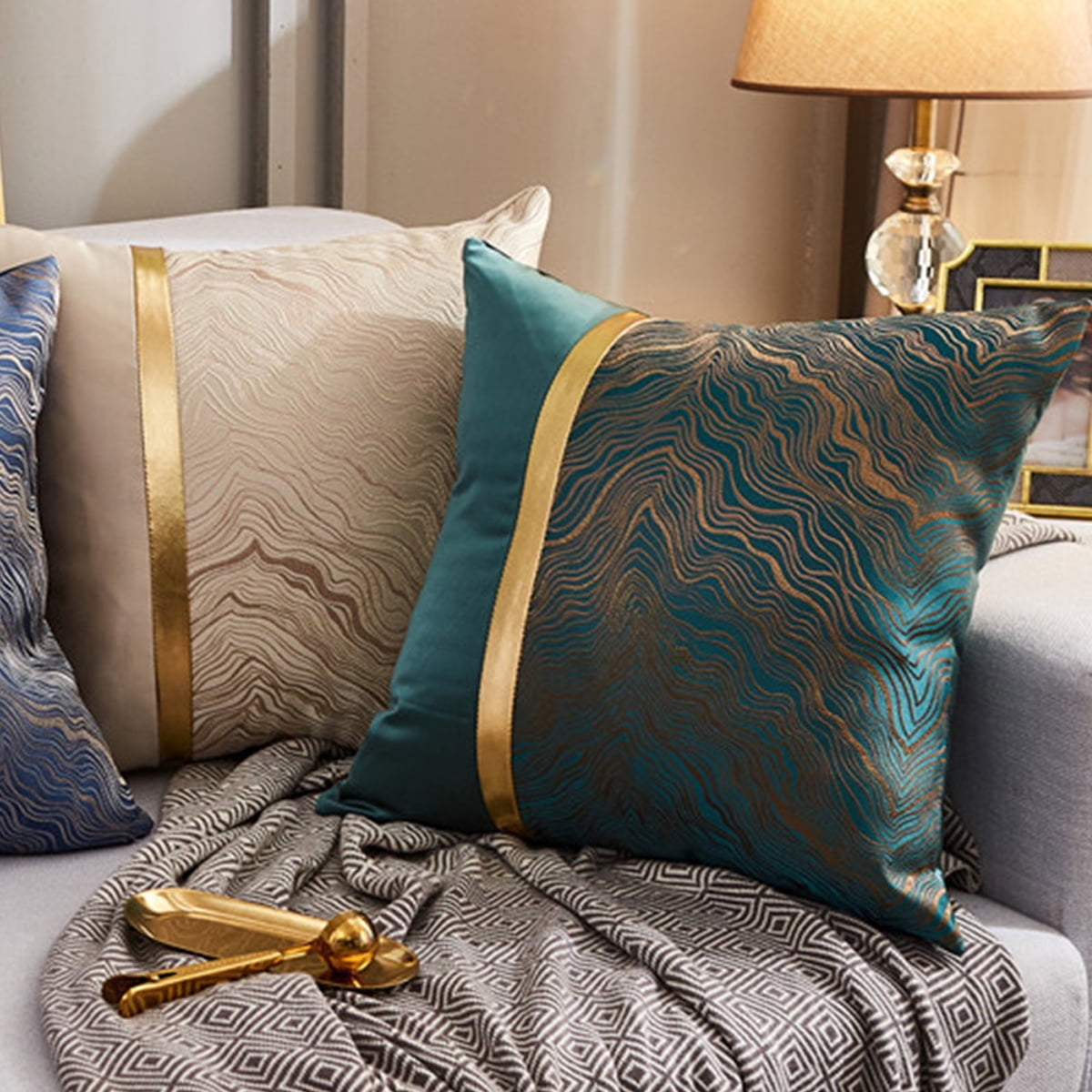 Neinkie 18 x 18 Inch Square Gold Abstract Striped Embroidery Cushion Case Luxury Modern Throw Pillow Cover Decorative Pillow for Couch Living Room Bedroom Car Walmart