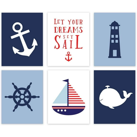 Koyal Wholesale Nautical Theme Nursery Hanging Wall Art, Navy Blue Theme, Boat, Anchor, Lighthouse, Whale