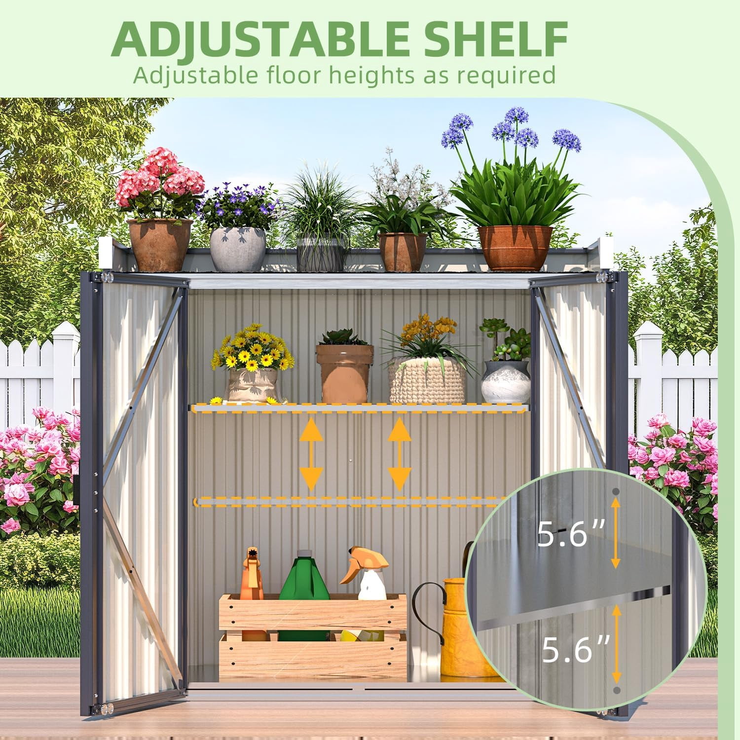 YODOLLA Metal Outdoor Storage Cabinets Potting Bench Patio Garden Work Table with Adjustable Shelves in Gray