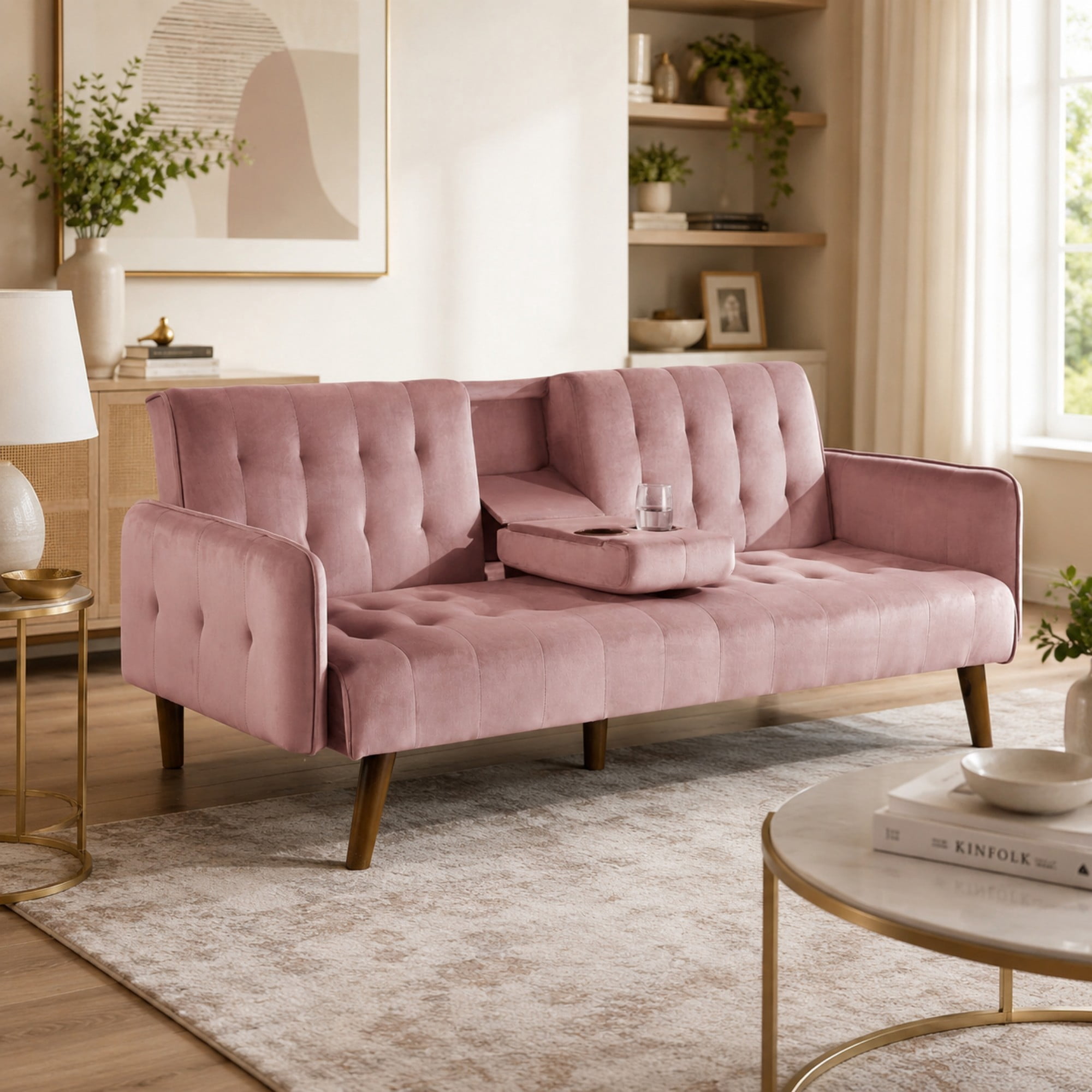 BSHTI 72" Linen Sleeper Sofa Bed with Folding Backrest,Adjustable Back, Drop-Down Table with Cup Holder for Living Room（Pink）