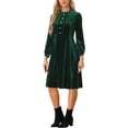thumbnail image 4 of INSPIRE CHIC Women's Velvet Dress Mock Neck Button Front Ruffle Vintage Flare Dresses L Dark Green, 4 of 6