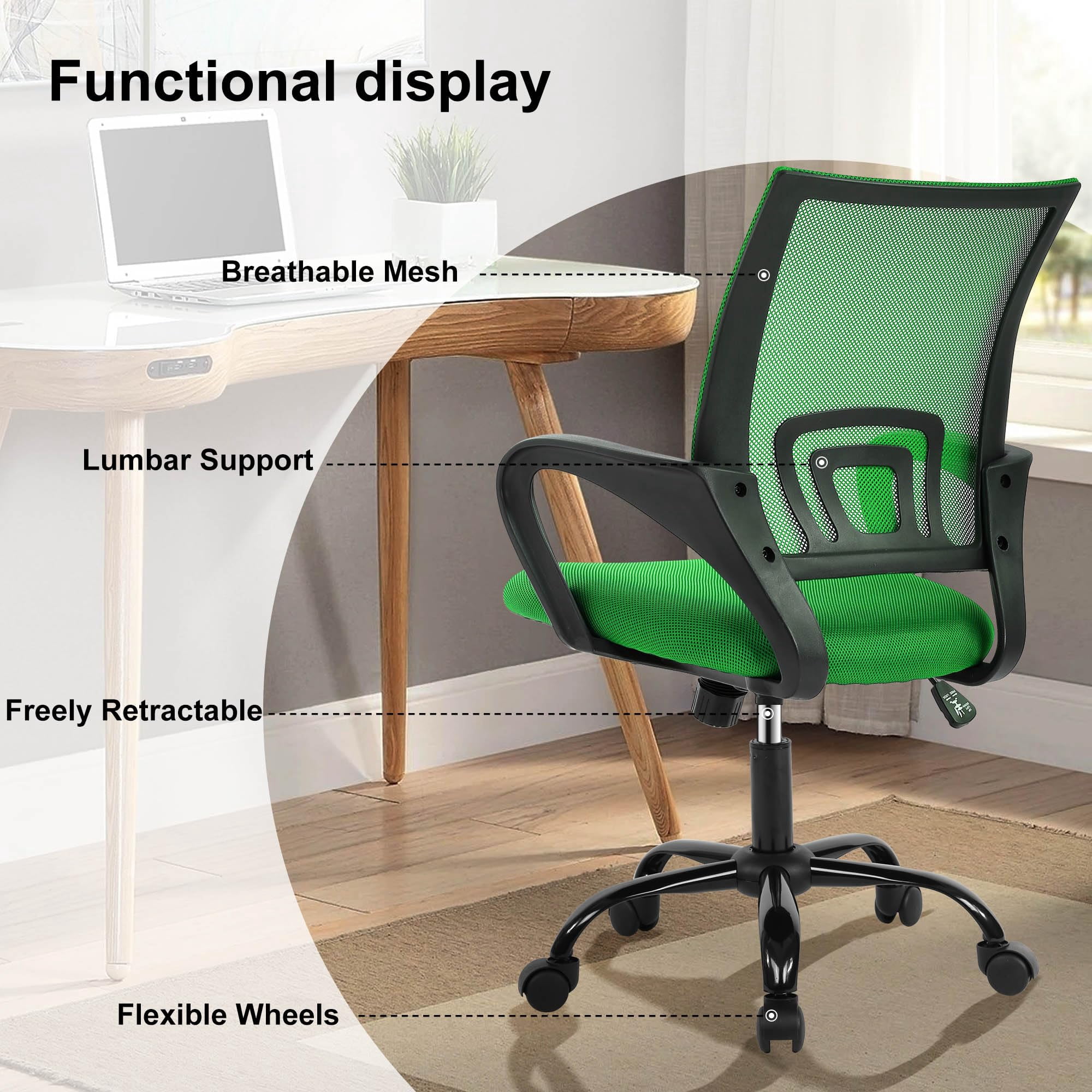 CL.HPAHKL Ergonomic Desk Chair, Mid-Back Mesh Office Chair with Wheels, Rolling Swivel Computer Task Chair for Home Office, Fixed Armrests, Tilt & Height Adjustable, Green
