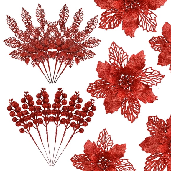 Adornos para árboles de Navidad, flores de nochebuena, color rojo, alupssuc