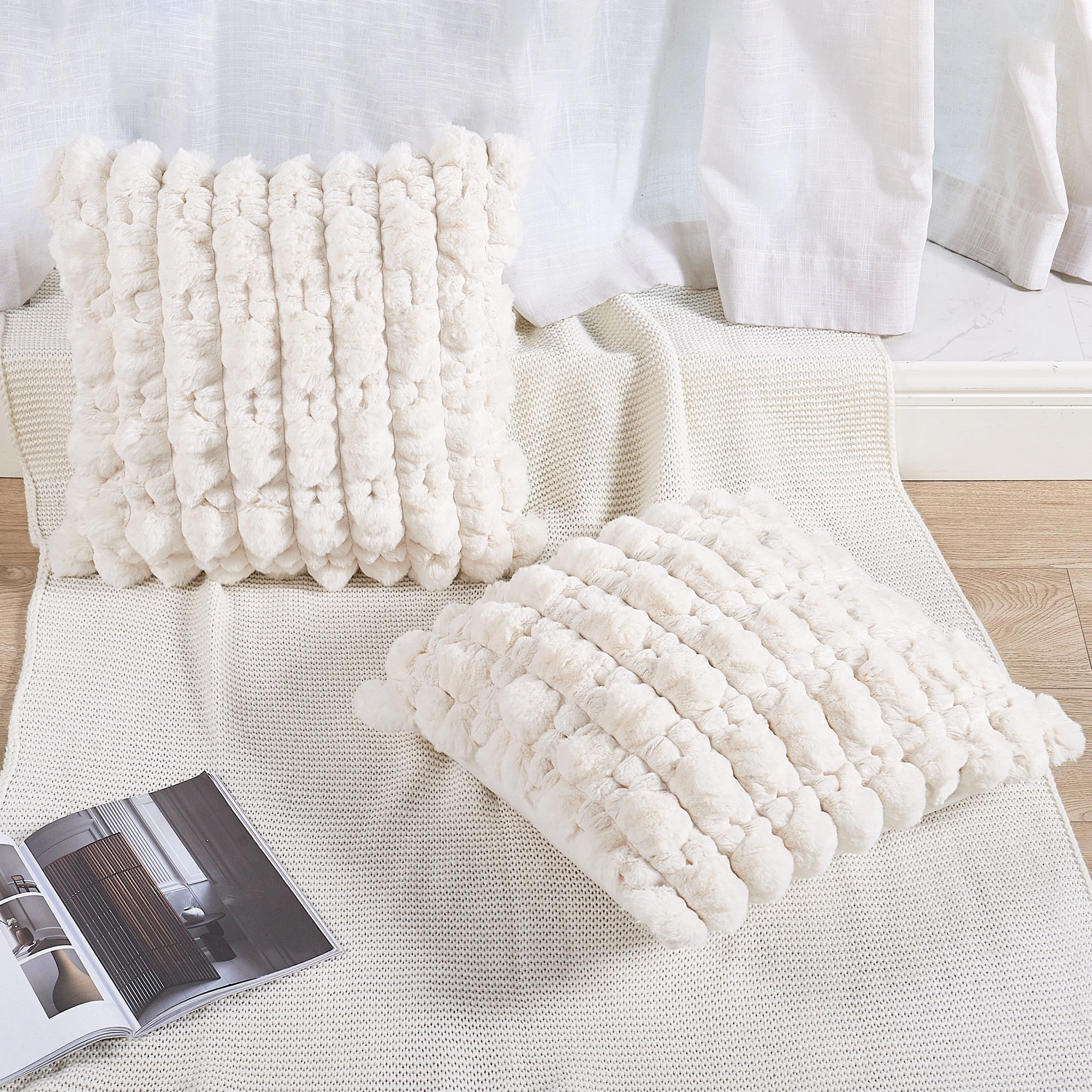 Home Soft Things Textured Spandex Bubble Faux Fur Pillow Covers, Set of 2, 20"x20", Ivory