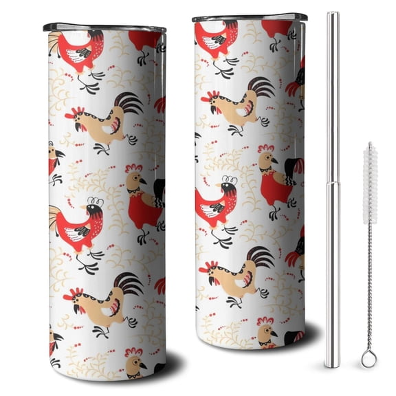 20oz White Chicken Folk Pattern Skinny Tumblers Stainless Steel Tumbler with Lid and Straw,Vacuum Insulated Double Wall Travel Tumbler Cups with Cleaning Brush for Coffee,Tea