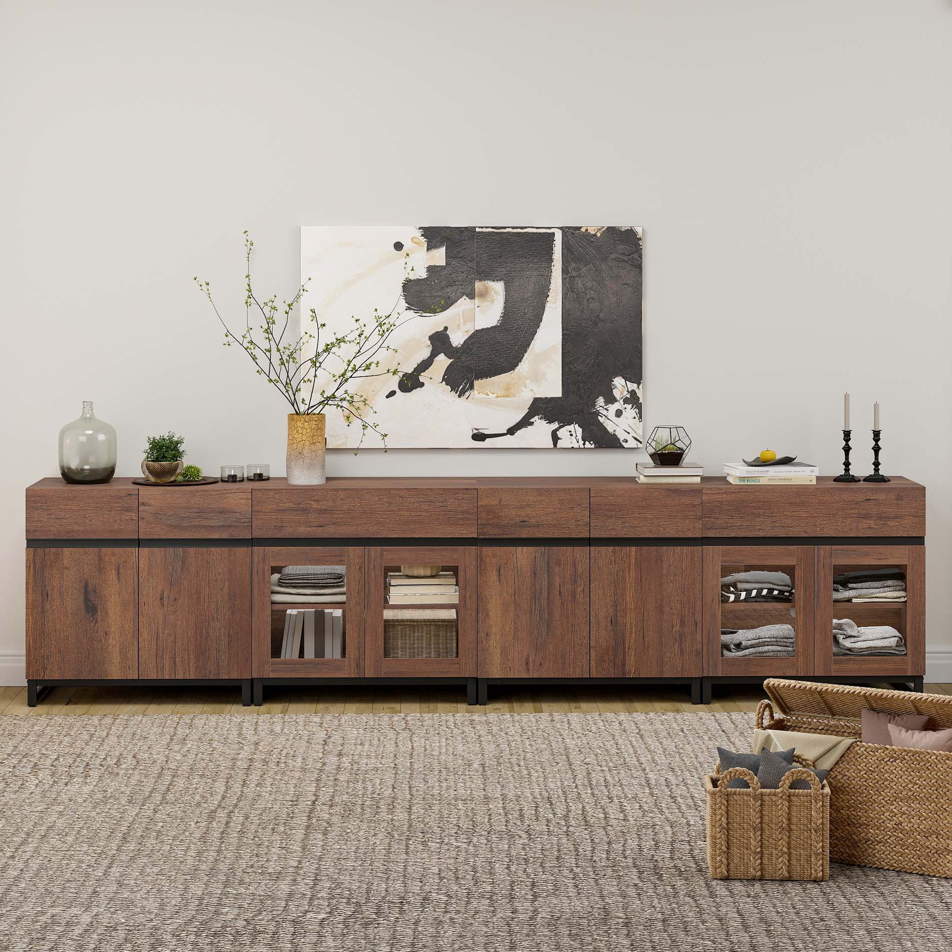 4 In 1 Modern Dresser with Glass Doors and 2 Drawers, Adjustable Shelf and Metal Base, Multifunctional Storage Chest, Closet Organizer Cabinet for Bedroom,Brown