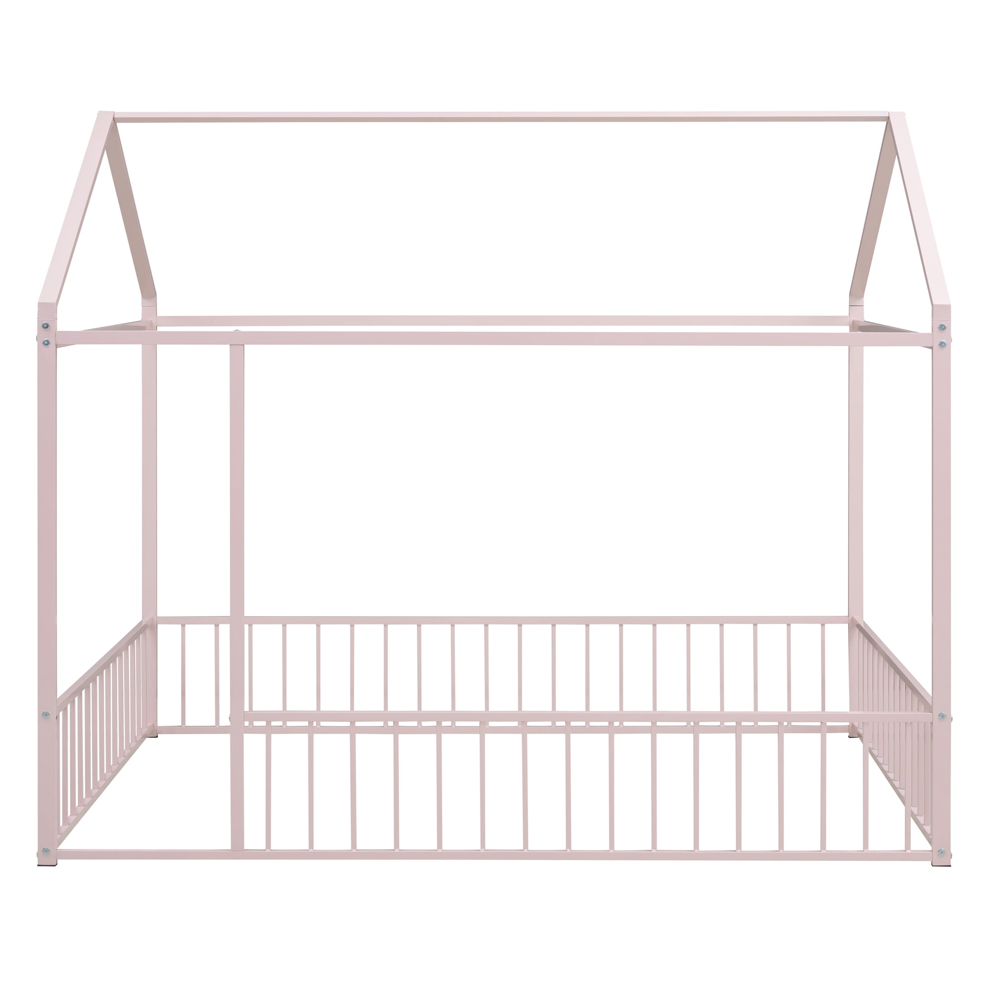 Full Size Montessori Floor Bed, Metal House Bed Frame for Kids, Kids Floor Beds with Fence Guardrails, Playhouse Bed for Kids Boys Girls