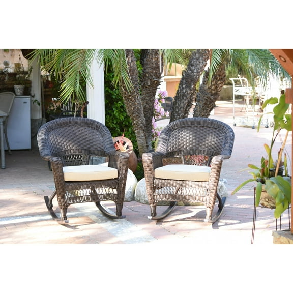 Jeco Espresso Rocker Wicker Chair with Ivory Cushion -  Set of 2