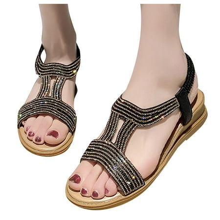 

WNVMWI Sandals Women Women s Heeled Sandals Summer Water Sandals for Women Black Shoes Slippers Flip Flops Bohemian Rhinestone Comfortable Sandals Buckle Elastic Band Flat Shoes Platform Sand Size 40