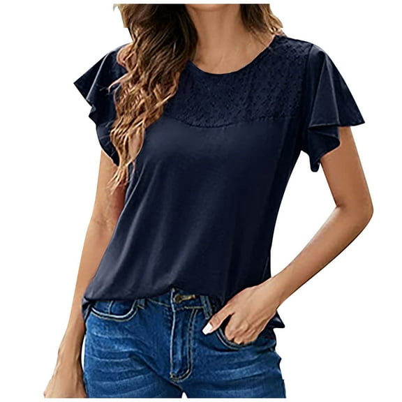 Women's Summer Tops Flutter Ruffle Short Sleeve Blouse Fashion Lace Crochet Eyelet Crewneck Casual Solid Shirts