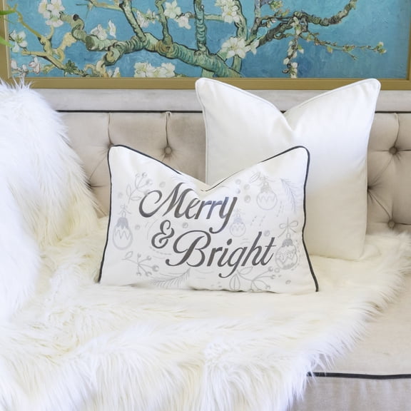 14x20" Merry & Bright Christmas Lumbar Pillow - White & Silver Embroidered Velvet Throw Cushion