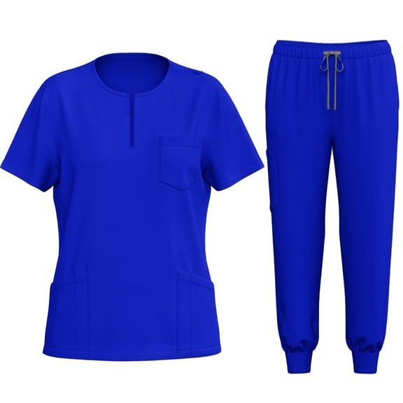 LYMAYTER S-2XL Women Round Neck Nurse Uniform Solid Color Multi-pocket Design Elasticity Comfort Top & Pants Medical Uniform