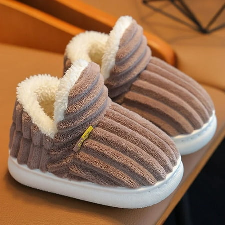 

New Winter Concise Stripe Plush Slippers Children s Non-slip Soft Sole Kids Boys Girls Heel Wrap Warm High Home Cotton Shoes F26444CO 24-25(inner 15cm)