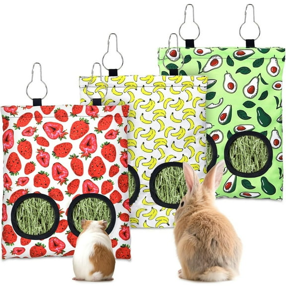 3 Pack Hay Feeder Bag for Guinea Pig,2-Hole Hanging Rabbit Hay Feeding Bag,600D Oxford Fabric Hay Holder Bag for Small Animal Chinchilla Hamsters