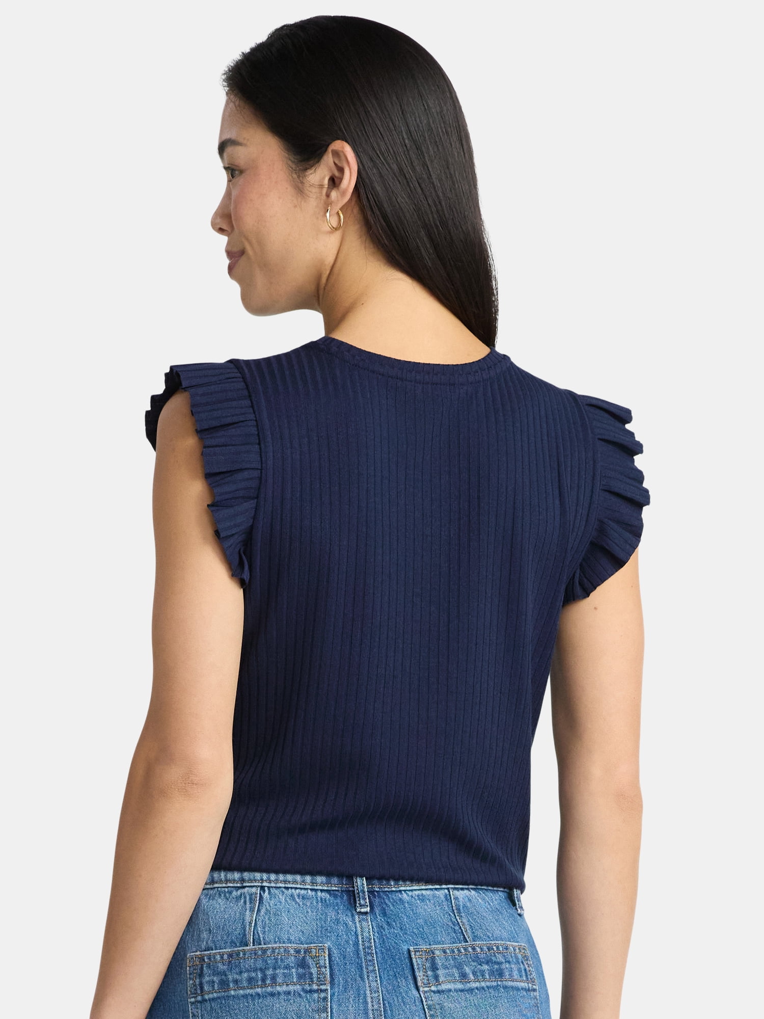 Time and Tru Women's Rib Ruffle Sleeve Top, Sizes XS-XXXL