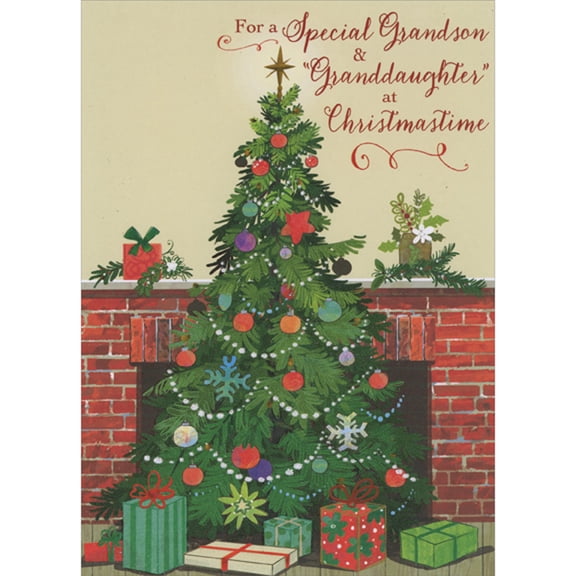 Designer Greetings Decorated Tree and Gifts in Front of Brick Fireplace and Mantel Christmas Card for Grandson and 'Granddaughter'