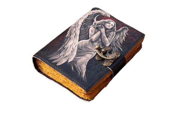 Handmade Leather Journal with Angel Artwork – 5x7 Inch Vintage Deckle Paper Notebook, 200 Pages