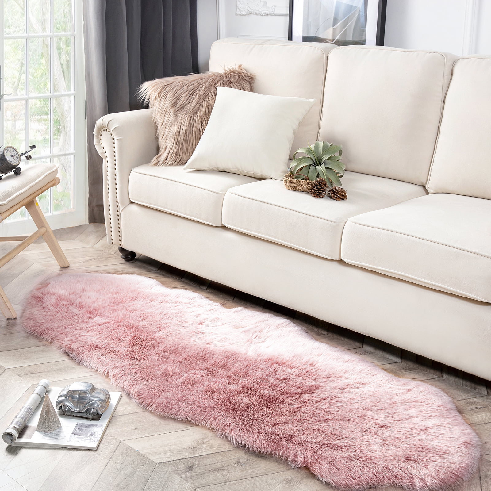 Phantoscope Ultra Soft Faux Fox Fur Series Decorative Indoor Area Rug 2 x 6 Feet, Pink with White Tip, 1 Pack