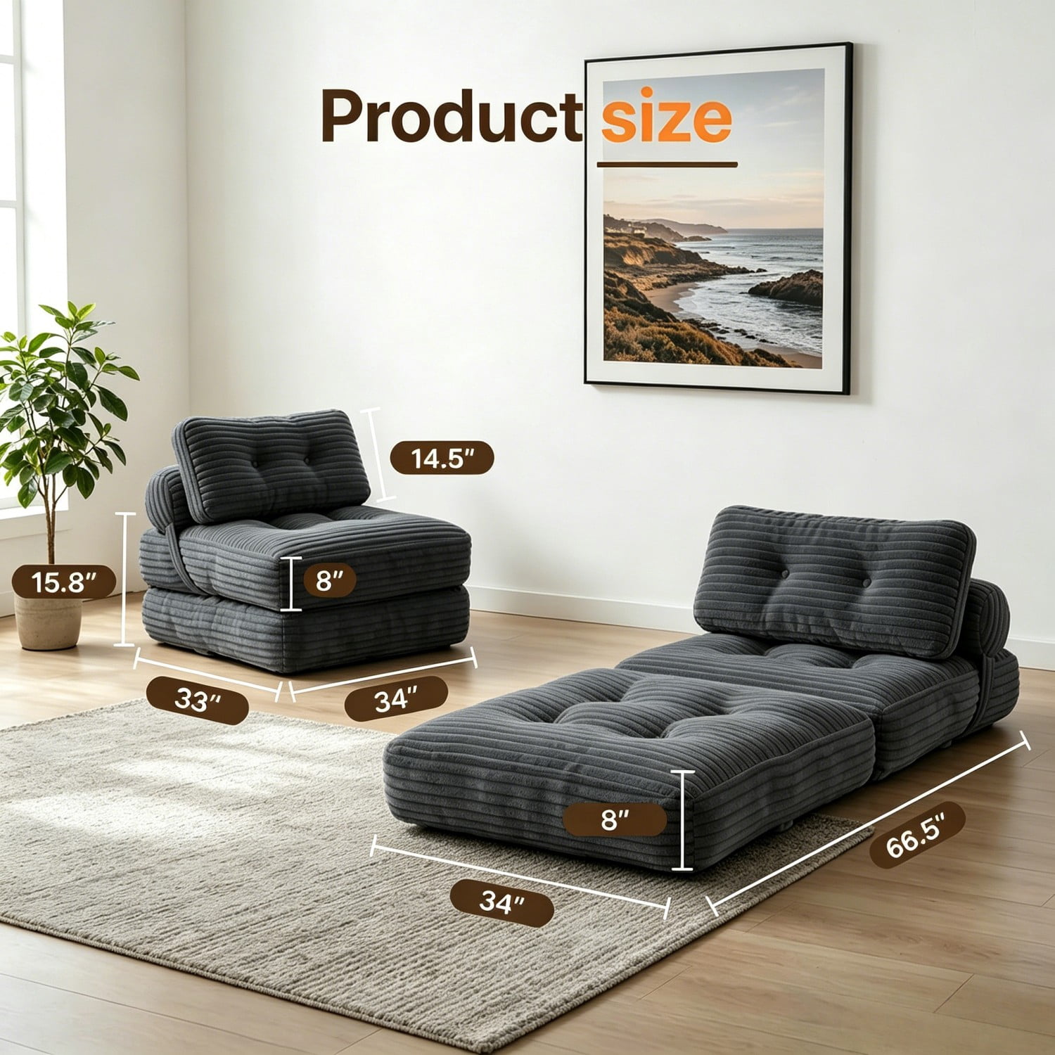 Folding Sofa Bed, Convertible Sleeper Chair with Pillow, Foldable Floor Couch Bed with Back Support, Portable Lounge for Living Room Bedroom, Dark Gray